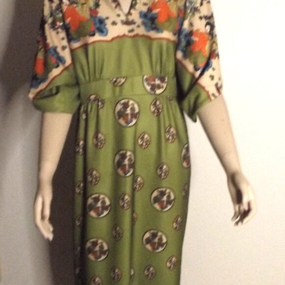 Vintage 60s Leslie Fay Original Maxi Dress – Japanese Art Print – Olive Green – - Picture 5 of 8